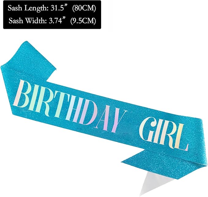 Birthday Sash for Girl, Dazzle Foil Letter Glitter Teal Blue Birthday Sash for Women Girl Kids Teenager Bday Gifts Party Favors Photo Prop