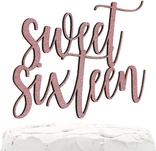 16th Birthday Cake Topper - Sweet Sixteen - Double Sided Baby Pink Glitter - Premium Quality Made in USA