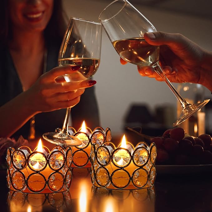 Potchen 30 Pieces Crystal Tealight Candle Holders Bulk, Votive Candle Holder Stands with Diamond Design for Table Centerpieces Wedding Party Home Decor and Holiday Favors (Gold)