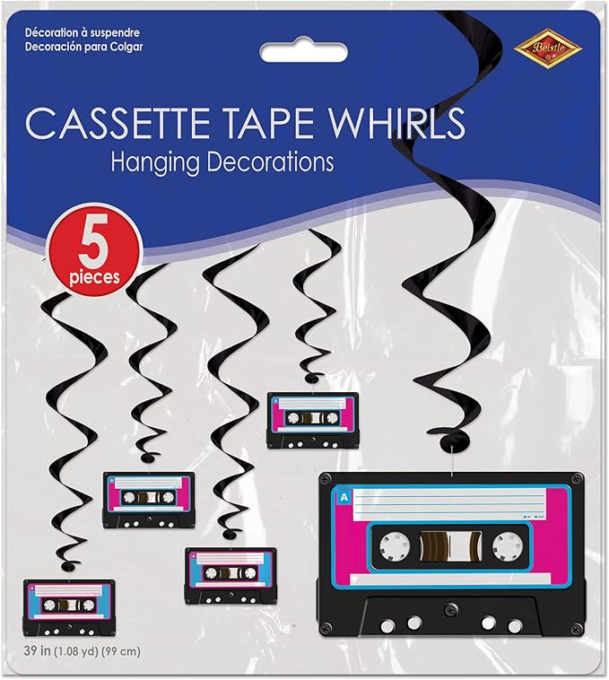 Beistle 5 Piece 80's Theme Cassette Tape Decorations Hanging Whirls Spirals For 1980's Party Supplies