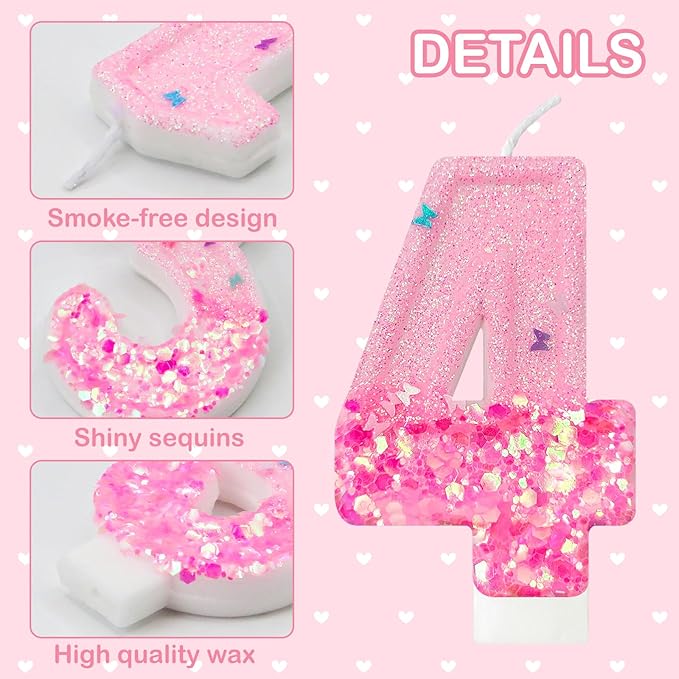 Pink Sequin Birthday Candles, Cake Number Candles, Girls 0th Birthday Decorations, Suitable for Birthday Parties, Anniversary Party Decorations(4)