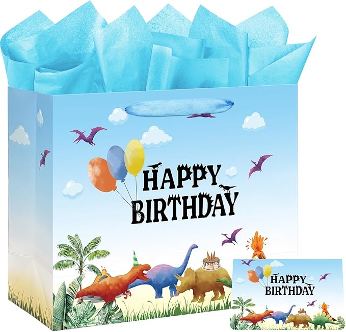 16.5" Extra Large Watercolor Dinosaur Birthday Gift Bag for Boy Kids with Card and Tissue Papers