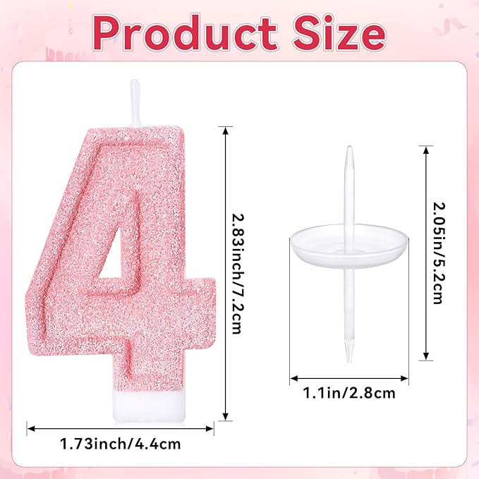 Cute Number 4 Birthday Candle, Glitter Pink Number Candles, Birthday Cake Topper Decoration, Party Supplies Anniversary Celebrations