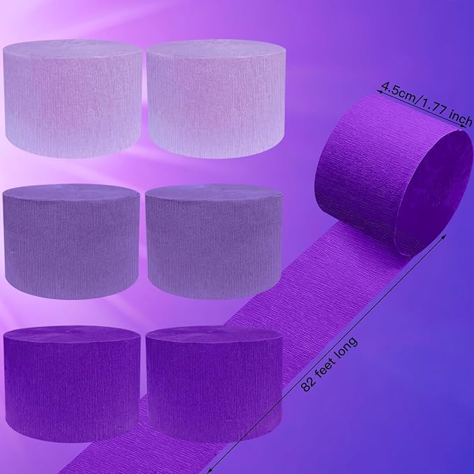 PheiLa Purple Crepe Paper Streamers 6 Rolls 492ft, Crepe Paper Birthday Decorations Purple Paper Party Streamers for DIY Gift Wrapping Wedding Holiday Party Decor, 1.77 Inch x 82 Ft/Roll