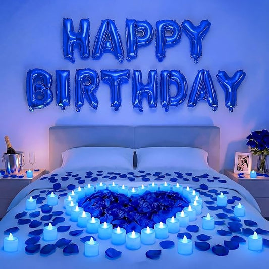 Blue Happy Birthday Balloons Decorations Happy Birthday Letter Balloons Banner Set with 24pcs Round Flameless LED Candles and 2000pcs Artificial Rose Petals for Women Men Room Party Decor