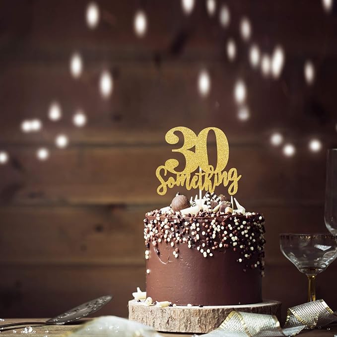 30 Someting Cake Topper, Happy 30th Birthday Sign,Dirty 30 Cake Topper,Hello 30 Party Decorations (Double Sided Gold Glitter)