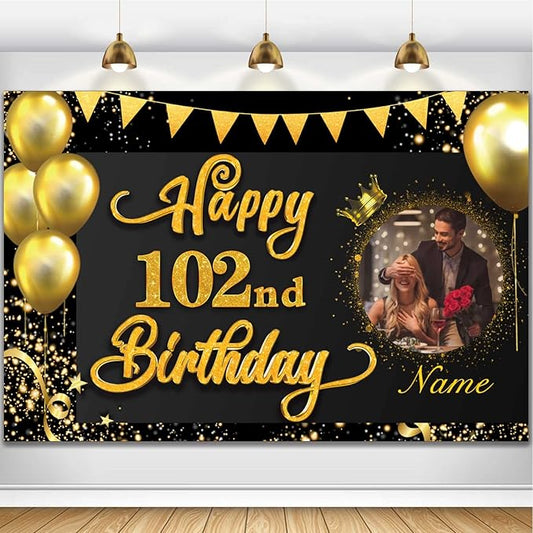 Custom Happy 102nd Birthday Decorations Banner - 102 Years Old Party Decorations Supplies - Black and Gold