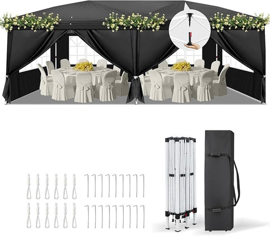 VINGLI 10x20 Pop Up Canopy Tent with Sidewalls, Outdoor Gazebo Canopy Tent, Patio Event Tents Outdoor Event Shelter for Parties (Black)