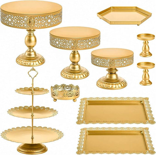 10 Pieces Gold Cake Stand Set, Metal Round Cupcake Holder Dessert Display Plate Serving Platter, Dessert Table Stands and Trays Set for Christmas, Wedding, Birthday, Anniversary, Tea Party