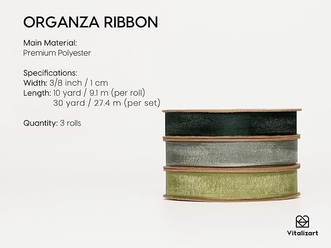Vitalizart 3/8" x 30Yd Organza Ribbon Green Sheer Ribbons Set 10 Yd x 3 Rolls Drak Green Sage Handmade Eco-Friendly for Gift Wrapping Christmas Tree Crafts Bows Wedding Invitations Wreaths Wrap