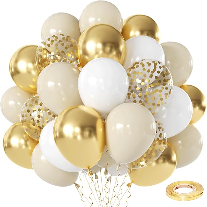 White and Gold Confetti Balloons - 50pcs 12 Inch Metallic Champagne Gold Matte Sand Beige White Latex Balloons for Birthday Graduation Wedding Gender Reveal Party Decorations