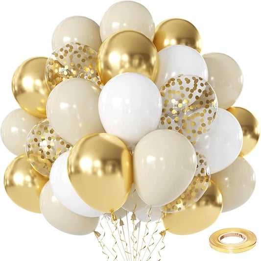 White and Gold Confetti Balloons - 50pcs 12 Inch Metallic Champagne Gold Matte Sand Beige White Latex Balloons for Birthday Graduation Wedding Gender Reveal Party Decorations