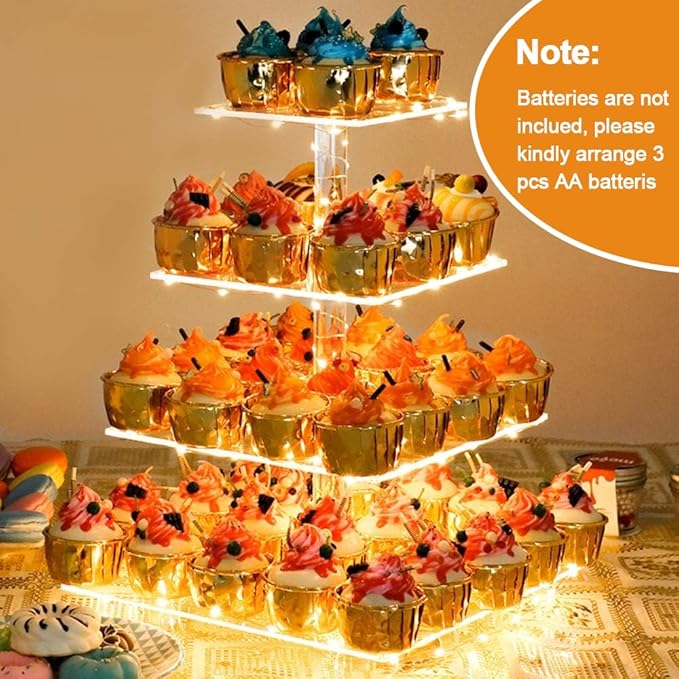 YestBuy Cupcake Stand with Yellow Led Lights, 4 Tier Cupcake Stand for 50 Cupcakes, Acrylic Cupcake Tower Stand, Clear Tiered Cupcake Holder for Birthday Cady Bar Décor Weddings, Parties Events