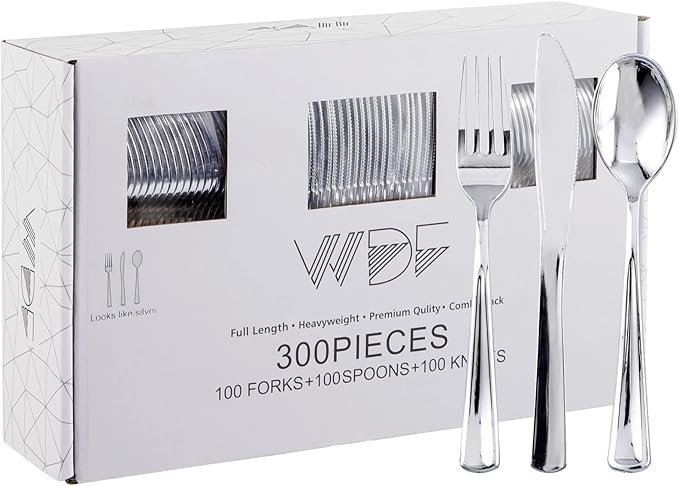 WDF 300 Pieces Silver Plastic Silverware - Plastic Silverware Heavy Duty - 100 Forks 100 Knives 100 Spoons - Disposable Silver Cutlery Perfect for Party/Wedding/Christmas