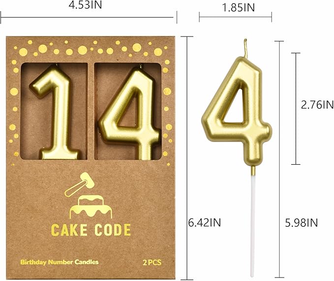 2.76 Inch Classical Gold 14 Number Birthday Candles, Gold Number Candles, Cake Number Candles, Party Celebration