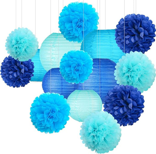 KAXIXI 15 Pcs Navy Blue Party Decorations - Easy Assemble Tissue Paper Pom Poms & Honeycomb Balls for Graduation 2026, Baby Boy Shower, Nautical Ocean Theme & Birthday Decor
