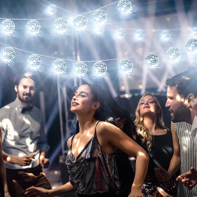 AceList 50 LED 16.4Ft Disco Ball String Light - Battery Powered and USB Plug, Disco Ball Lights for 70's Disco Party Decorations and Birthday Parties, Mamma Mia (Silver)