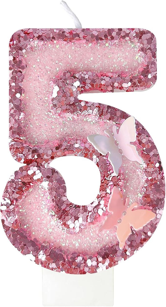 5th Birthday Candles，Glitter Butterfly Cake Toppers Pink Sequins Wedding Numeral Cupcake Decorations，Suitable for Girl and boy Wedding Cakes, Party Celebrations, Birthday Decorations