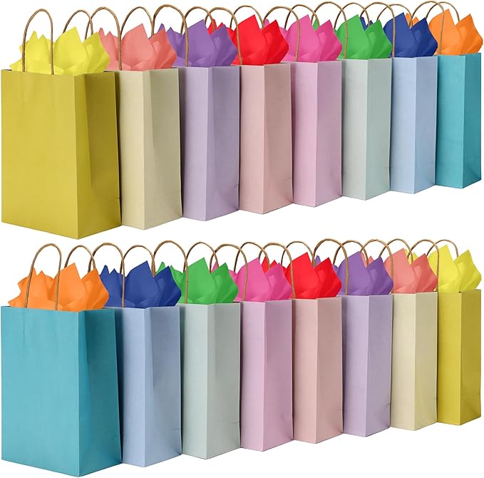 BLEWINDZ 32 Pcs Small Gift Bags with 32 Tissues, 8 Colors Paper Goodie Bags with Handles for Birthday, Wedding, Baby Shower, Party Favors, Gift Wrapping and Party Supplies