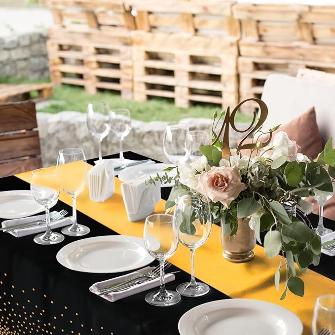 24Pack Disposable Plastic Tablecloths and Satin Table Runner Set Black Gold Dot Table Cloth Gold Satin Table Runner for Graduation Wedding Birthday Baby Shower Anniversary Holiday Party Decorations