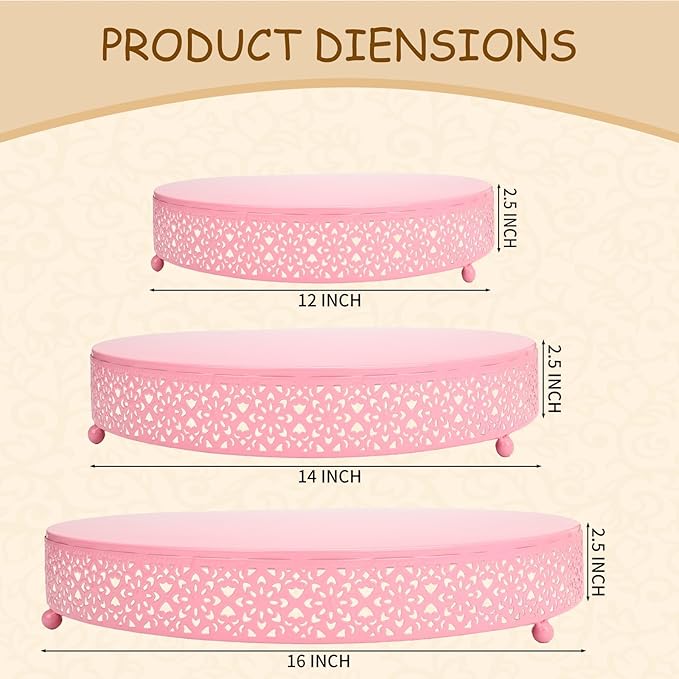 Pyrrhiax 3 Piece pink cake stand Set 16'' 14'' 12'' Round Metal Cake Stands Cupcake Stand Riser Pastry Candy Display Plate for Dessert Table Wedding Event Birthday Anniversary Party (Pink)