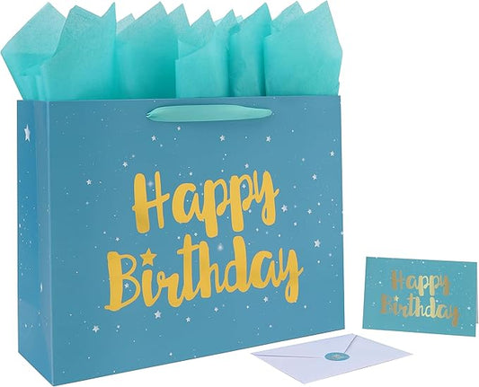 Qirrmiy 16.5” Extra Large Teal Blue Happy Birthday Gift Bag Set with Handles, Green Greeting Card, Tissue Papers and Stickers for Men Boys Women Girls Kids, Stars Design, 1 Pcs.