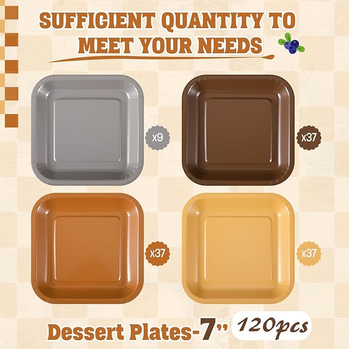 FoldTier 120 Pieces Brown Party Theme Decorations Square Paper Plates Birthday Party Cake Dessert Plates(Brown, 7 Inch)