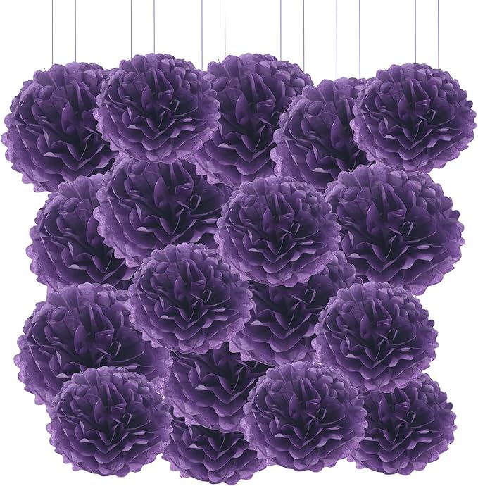 Qimoo 20pcs Dark Purple Paper Pom Poms Decorations, DIY Tissue Paper Flowers Ball for Party Wedding Outdoor Decoration