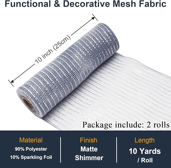 2 Pcs Silver Deco Mesh Ribbon Rolls 10 Inch 10 Yards(30 ft) Decorative Mesh Fabric with Foil for Wreaths Christmas Tree Ribbon Door DIY Craft Halloween Decor Wedding Party Supplies (Silver, 2Pcs)