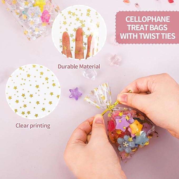 100 Pack 3x5 Inch Gold Star Clear Cellophane Treat Bags, 1.4 Mil Plastic Candy Cookie Bags with 100 Gold Twist Ties for Valentine, Classroom Gifts, Candy, Bakery, Party Favor