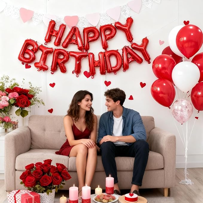 Red Happy Birthday Balloon Banner -16 Inch Mylar Foil Letters Balloons, Reusable Birthday Decorations and Party Supplies, Suitable for Men and Women's Birthday Decorations，Party Backdrop