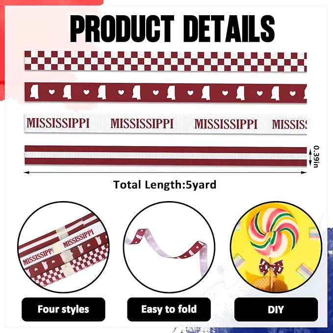 4 PCS Mississippi Ribbons for Crafting, 3/8" Width Red White Stripes Plaid Ribbons Mississippi Map Craft Ribbons for Gift Wrapping DIY Sports Birthday Decorations-10 Yards