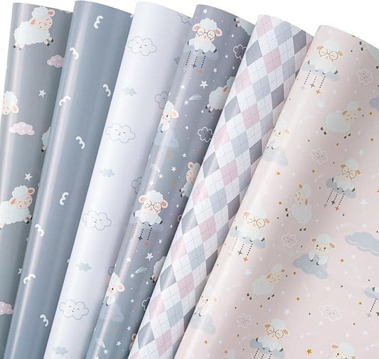 WRAPAHOLIC Baby Shower Wrapping Paper Sheet - 12 Sheets Adorable Sheep Design Folded Flat for Birthday, Party, Baby Showers - 19.7 Inch X 27.5 Inch Per Sheet
