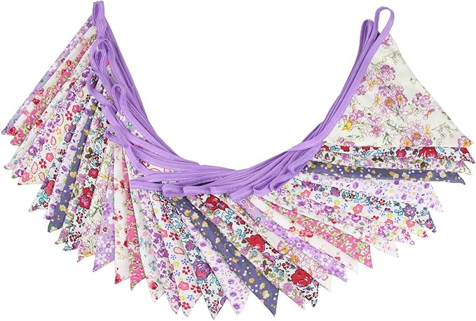 10M/32Ft Triangle Bunting Banner, 36 Pcs Cotton Fabric Flags Pennant Garlands for Birthday Party, Wedding, Baby Shower, Outdoor and Home Decorations (Purple)