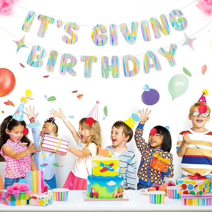 Iridescent It's Giving Birthday Banner, Pre-Strung Fun Birthday Decorations supplies, Cute Party Sign for 21st & Sweet 16 Celebrations & Photobooth Backdrop