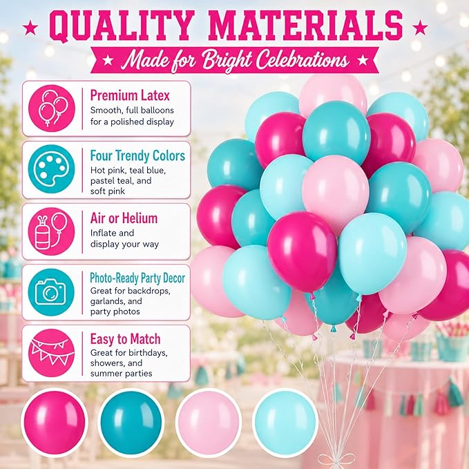Teal and Pink Balloons, 60PCS Teal Pink Balloon Set, 12 Inch Blue Rose Red White Latex Metallic Confetti Balloons for Baby Shower Birthday Wedding Bridal Shower Hawaii Summer Party Decor