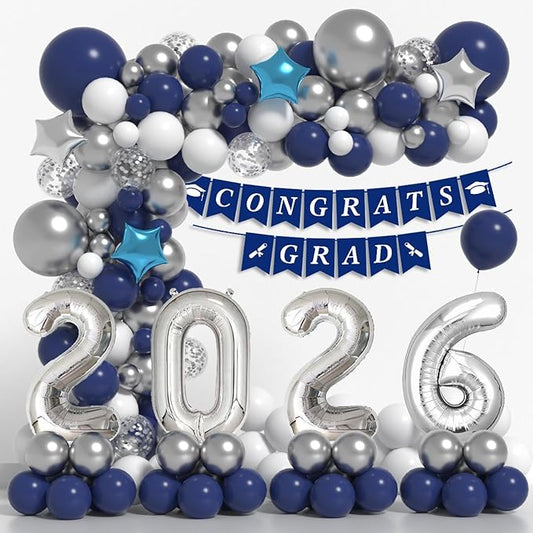 Graduation Decorations Class of 2026: Navy Blue and Silver Graduation Balloon Arch Garland Kit and Silver Confetti Balloons Congrats Grad Banner 2026 Foil Balloon