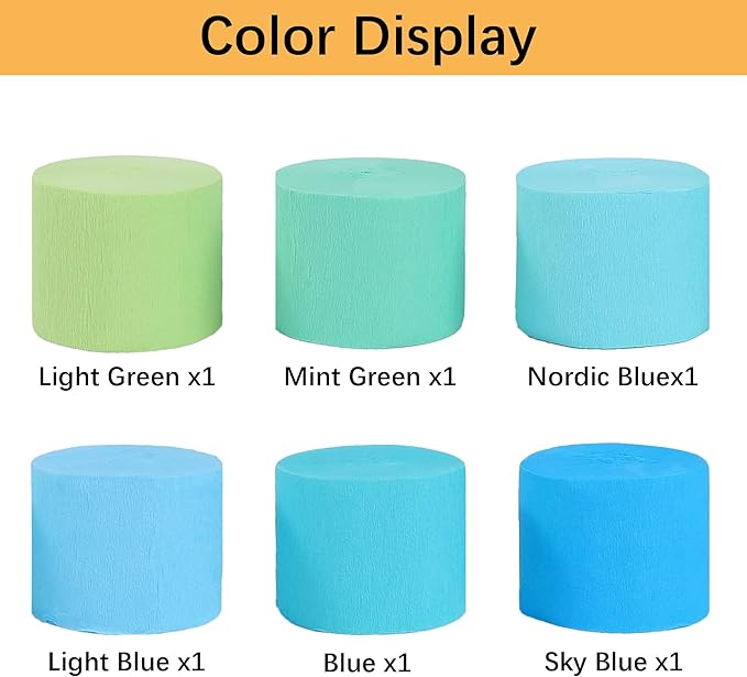 Crepe Paper Streamers 6 Rolls 492ft,Pack of Blue Theme Streamers Party Decorations,Crepe Paper Roll for Birthday,Wedding,Bridal Shower Decorations (1.8 Inch x 82 Ft/Roll)