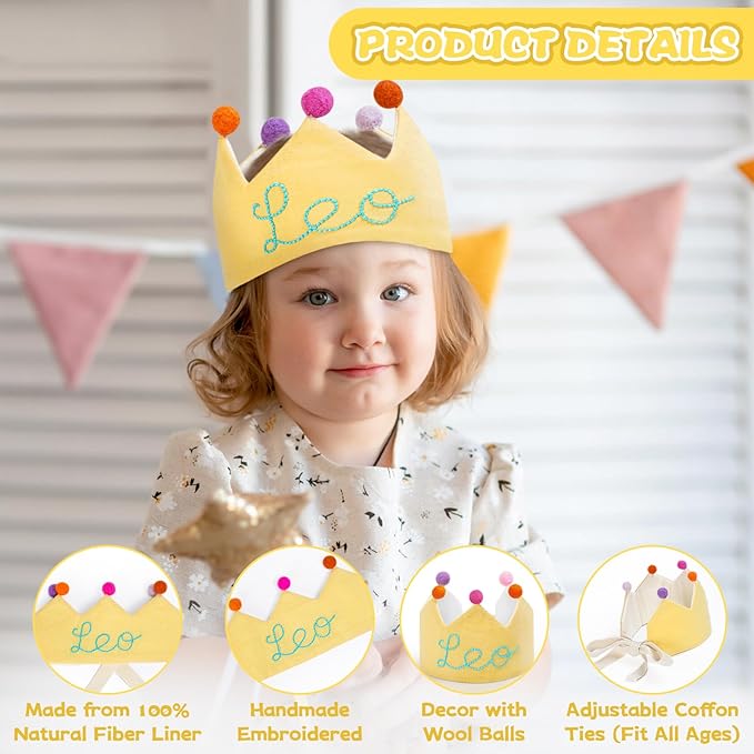 Personalized Hand Embroidered Crown Custom 1st First Birthday Crown Hats For Baby Kid Birthdays Fit All Ages