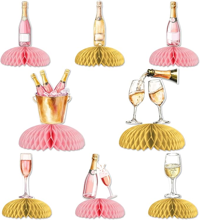 Jollyboom Champagne Table Honeycomb Centerpieces, 8pcs Pink and Gold Champagne Party Decorations Table Honeycomb Centerpieces Wine Bottle Table Topper for Women Wine Themed Party Supplies