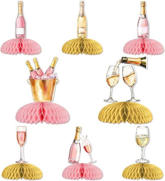 Jollyboom Champagne Table Honeycomb Centerpieces, 8pcs Pink and Gold Champagne Party Decorations Table Honeycomb Centerpieces Wine Bottle Table Topper for Women Wine Themed Party Supplies