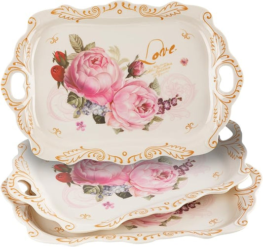 3 Pack Melamine Serving Tray, Stackable Design with Handles for Daily Use, Durable Large Platter Featuring Floral Print Suitable for Home, Party, Restaurant Decor, 16x11 Inch Rectangle Style