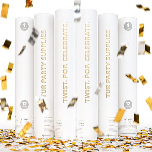 Gold & Silver Confetti Poppers Confetti Cannon | 6 Pack | Party Poppers Decoration for Wedding, Engagement, Graduation, Birthday | Wedding Party Favors | Launches 25 ft | 12 inch | TUR Party Supplies