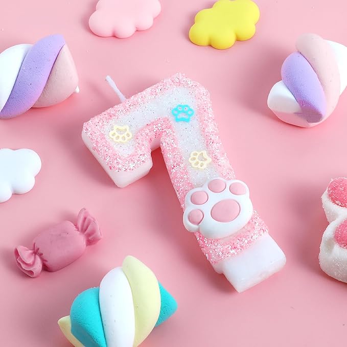 AKURIEEY Dog and Cat 7th Birthday Candle Pink Numbers 7 Candle Paw Cake Topper Cupcake Decorations for Pet Theme Party Decor Anniversary Celebrations Supplies