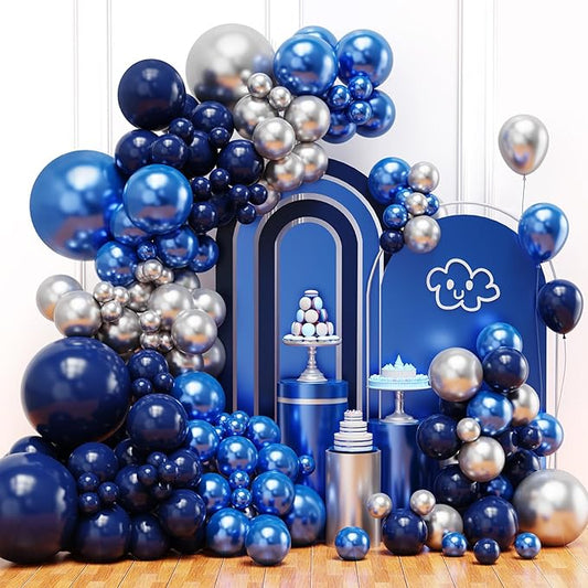 Blue Balloon Arch Kit, Navy Blue and Silver Balloons Garland Arch Kit with Different Size, Metallic Blue Silver Balloons for Birthday Baby Shower Graduations Class of 2026 Prom Decorations