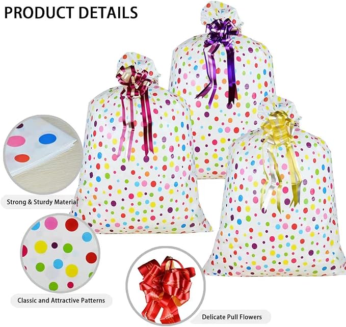2 Pcs Large Gift Bags Oversized Plastic Storage Bags 48"x 36" with 2 Pcs Pull Flowers for Huge Big Gifts Presents Wrapping Kids Bicycle Bike Goodie Bags, Birthday, Party, New Parents Baby Shower