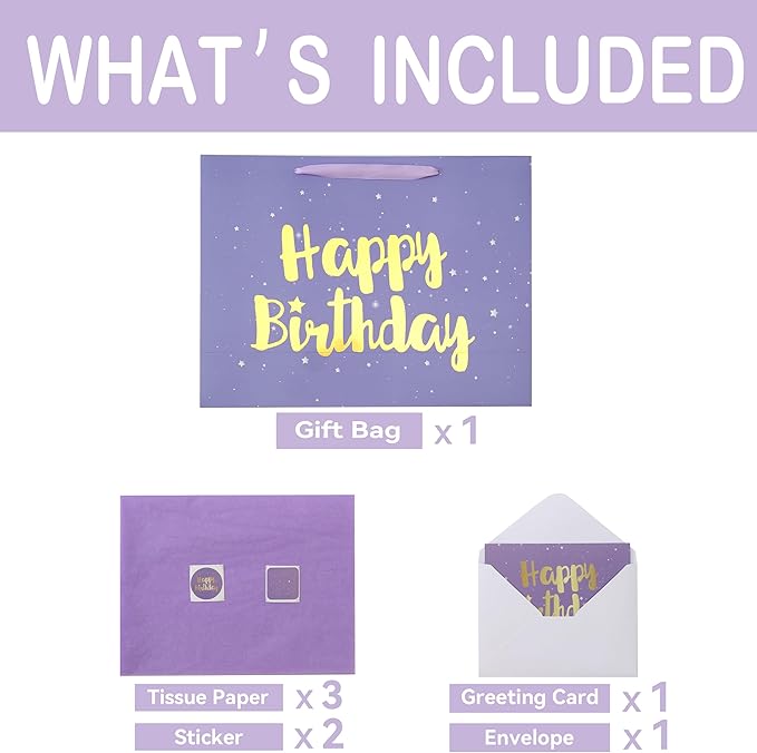 Qirrmiy 16.5” Extra Large Purple Happy Birthday Gift Bag Set with Handles, Greeting Card, Tissue Papers and Stickers for Women Girls Kids, Stars Design, 1 Pcs.