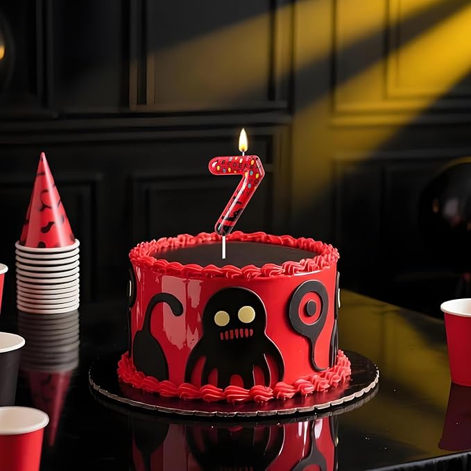 Red Number 7 Birthday Candle for Cake – Dark Horror Style with Alphabet Print & Shadow Design – Unique Cake Topper for Birthday, Anniversary, Themed Party Decoration