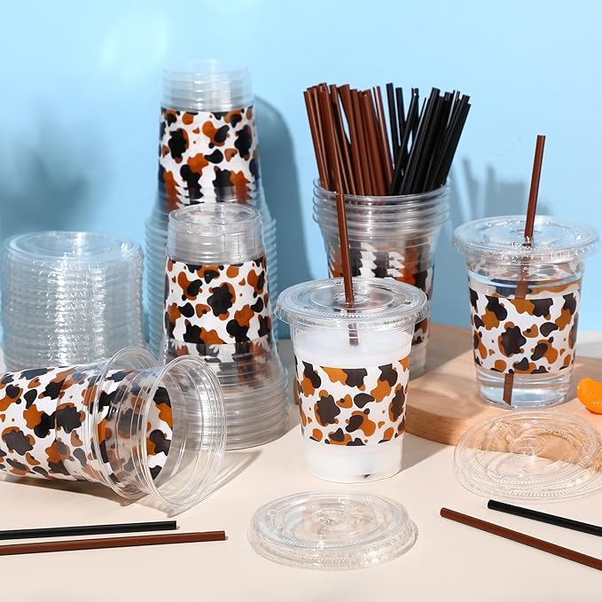 Yungyan 50 Sets Cow Cups with Lids and Straws 16 oz Western Plastic Cups for Coffee Juice Drinking for Cow Western Rodeo Birthday Baby Shower Party Decoration Supplies