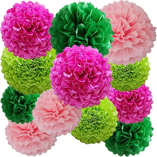 12pcs Hot Pink and Green Tissue Paper Pom Poms,Hanging Paper Pompoms for Pink Green Party Decoration